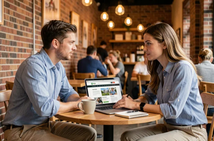Deux personnes discutant des critères de choix d'une formation locale autour d'un ordinateur portable dans un café