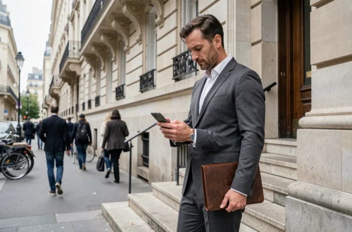 Entrepreneur français consultant son smartphone devant un immeuble haussmannien à Paris