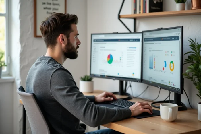 Entrepreneur travaillant sur des outils digitaux de performance depuis son bureau à domicile