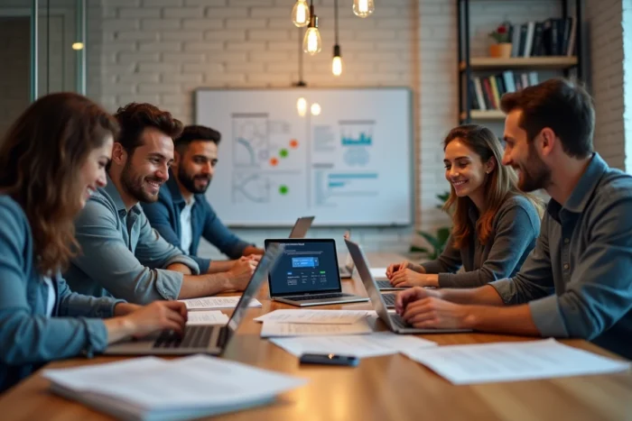 Équipe de professionnels collaborant autour de solutions digitales en salle de réunion moderne