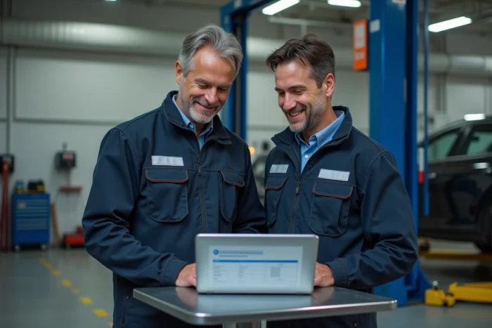 Deux professionnels du contrôle technique consultant ensemble l'espace affilié sur un ordinateur portable en garage