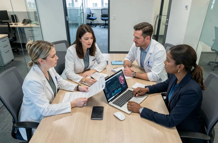 Équipe de professionnels de santé analysant des rapports médicaux lors d'une réunion clinique