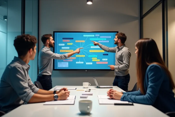 Équipe en réunion planifiant la structure et l'arborescence d'un site web sur grand écran tactile