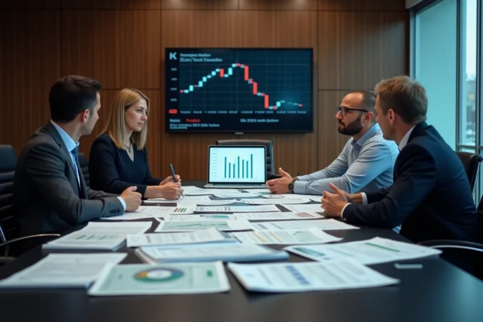 Équipe de professionnels en réunion stratégique d'investissement autour d'une table de conférence avec graphiques financiers
