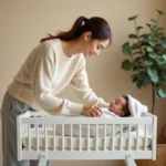 Jeune maman installant son nouveau-né dans un berceau en bois blanc dans une chambre de bébé cosy et bien équipée