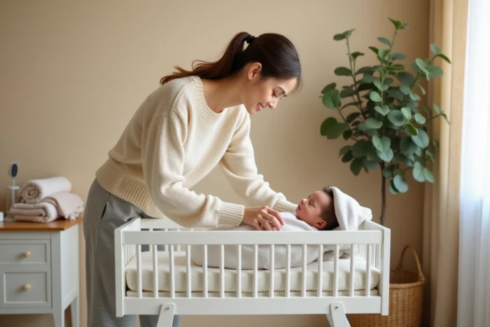 Jeune maman installant son nouveau-né dans un berceau en bois blanc dans une chambre de bébé cosy et bien équipée
