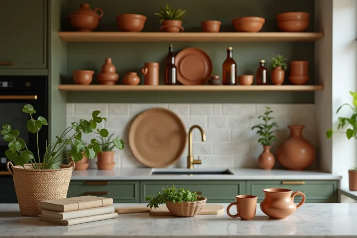 Étagères ouvertes stylisées dans une cuisine tendance avec poteries artisanales, plantes et accessoires en laiton