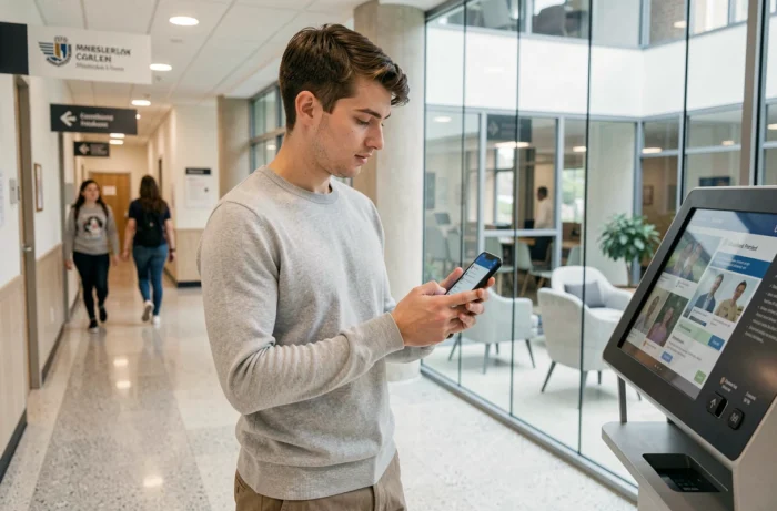 Étudiant de NEOMA consultant l'application MyNeomaAgora sur son smartphone dans un couloir du campus