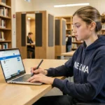 Étudiante de NEOMA connectée à l'espace étudiant MyNeomaAgora sur son ordinateur portable dans une bibliothèque universitaire moderne