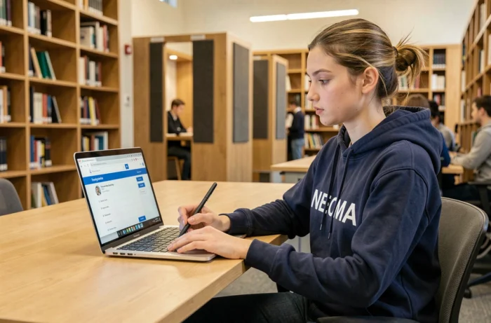 Étudiante de NEOMA connectée à l'espace étudiant MyNeomaAgora sur son ordinateur portable dans une bibliothèque universitaire moderne