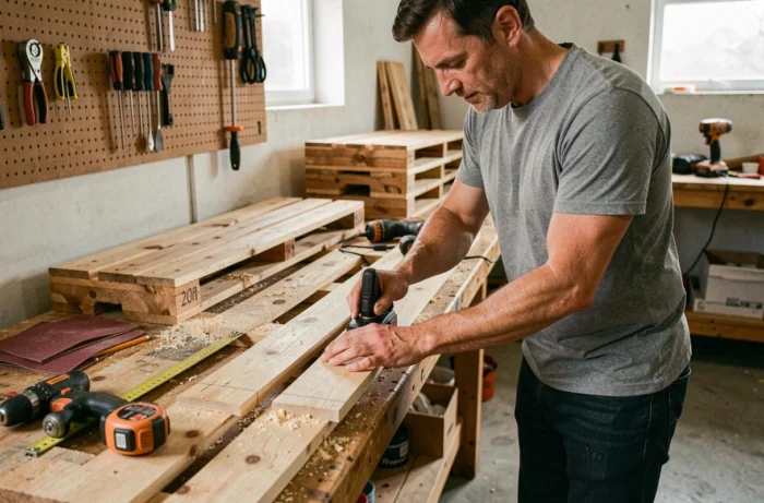 Homme en train de poncer des planches de palette en bois dans un atelier pour fabriquer un meuble de salle de bain