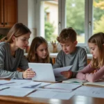 Famille française autour d'une table avec des documents administratifs liés aux allocations familiales
