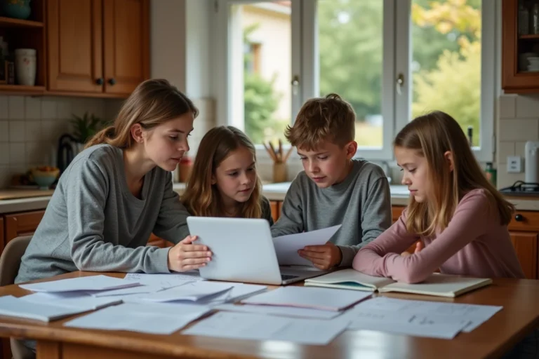 Famille française autour d'une table avec des documents administratifs liés aux allocations familiales