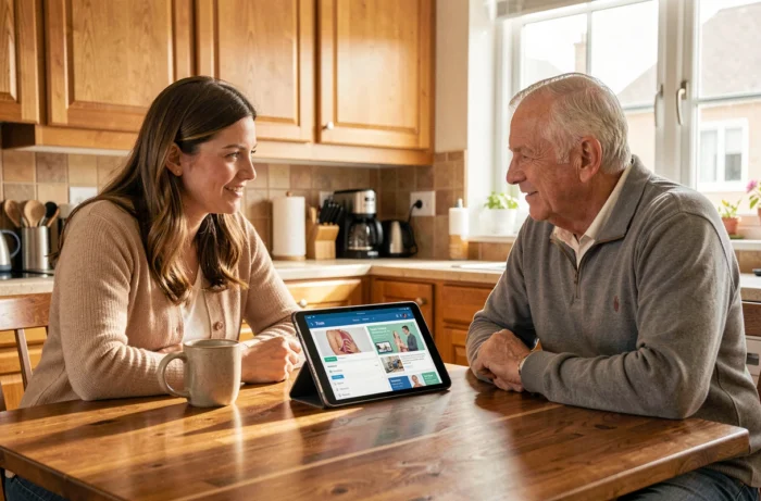 Deux personnes consultant ensemble Med TV Santé sur une tablette dans une cuisine familiale