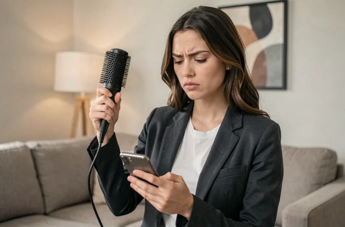 Jeune femme tenant une brosse à cheveux comme microphone simulant une fausse interview en direct avec elle-même
