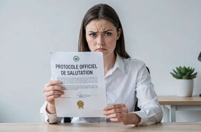 Jeune femme tenant un faux protocole officiel de salutation avec une expression sérieuse et parodique