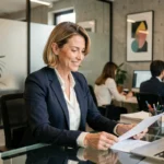 Femme d'affaires française en blazer marine consultant des documents dans un bureau parisien moderne