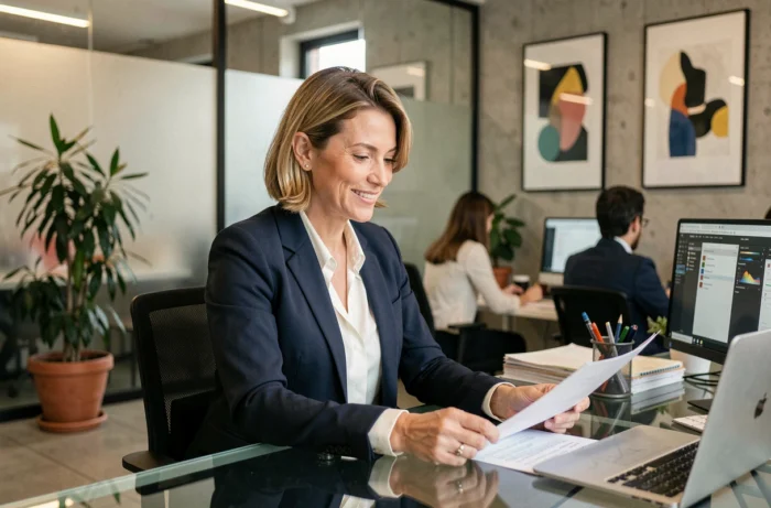 Femme d'affaires française en blazer marine consultant des documents dans un bureau parisien moderne