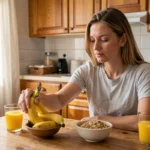 Femme prenant une banane au petit-déjeuner dans une cuisine chaleureuse le matin