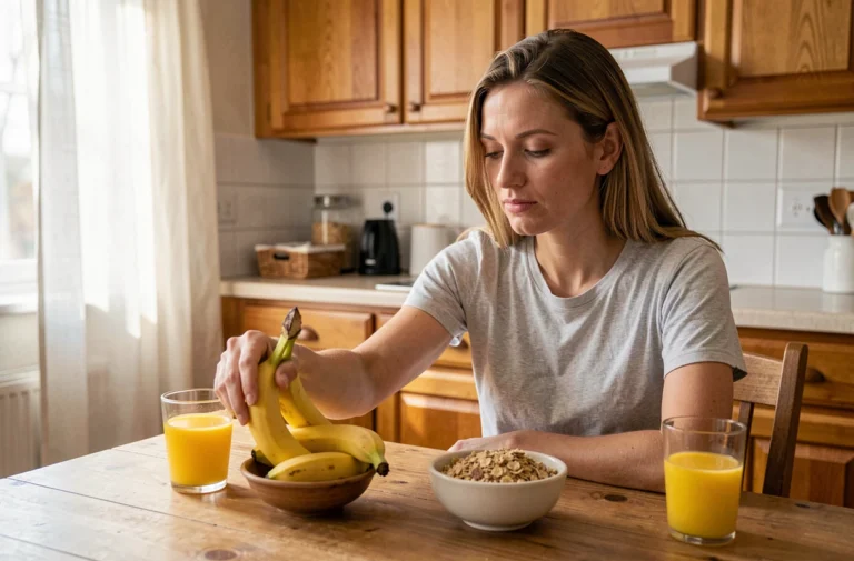 Femme prenant une banane au petit-déjeuner dans une cuisine chaleureuse le matin