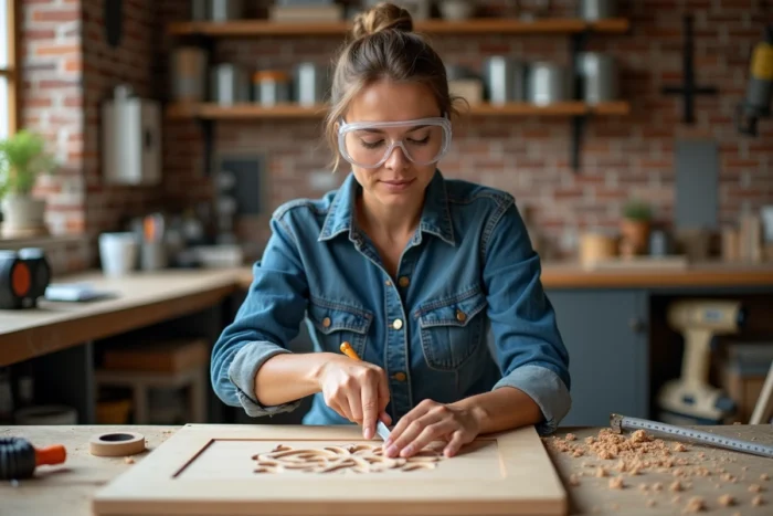 Femme bricolant avec un ciseau à bois sur un panneau de pin dans un atelier DIY moderne