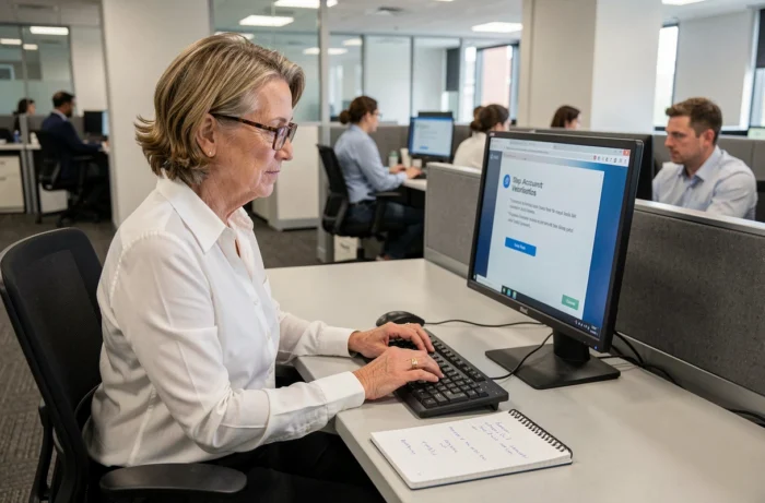 Femme en bureau vérifiant son identité sur un écran de connexion pour récupérer son compte après un mot de passe oublié