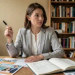 Femme réfléchissant à ses critères de sélection pour une formation locale en consultant des brochures à son bureau à domicile