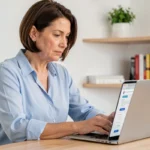 Femme consultant le site Med TV Santé sur un ordinateur portable dans un bureau à domicile