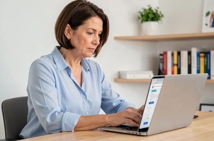 Femme consultant le site Med TV Santé sur un ordinateur portable dans un bureau à domicile