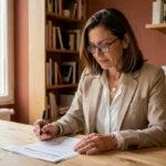 Femme consultant son contrat d'assurance immobilière à domicile, assise à une table en bois dans un appartement moderne