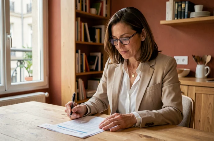 Femme consultant son contrat d'assurance immobilière à domicile, assise à une table en bois dans un appartement moderne