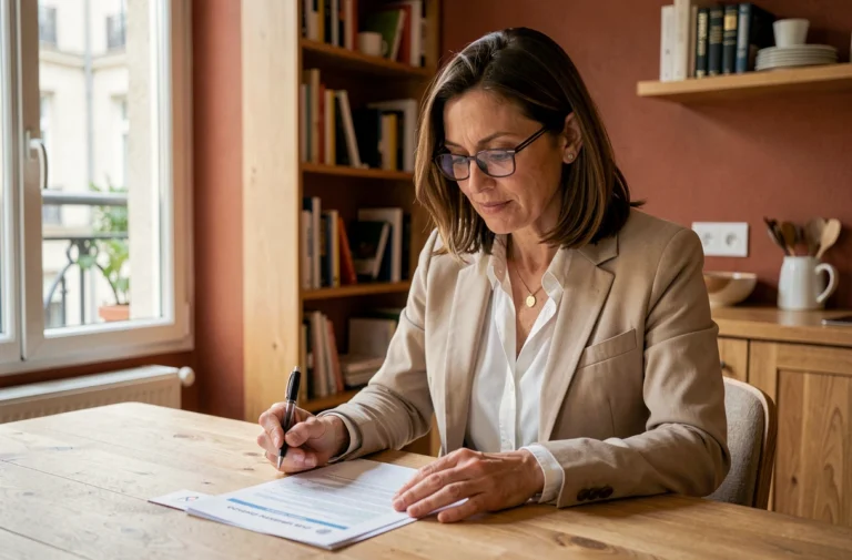 Femme consultant son contrat d'assurance immobilière à domicile, assise à une table en bois dans un appartement moderne