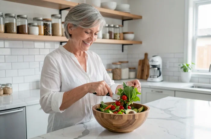 Femme préparant un repas sain dans sa cuisine pour améliorer son alimentation et sa santé