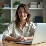 Femme entrepreneur travaillant sur son ordinateur portable dans un bureau à domicile moderne pour lancer son entreprise en ligne