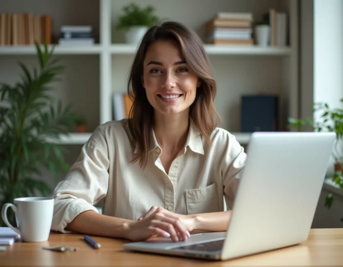 Femme entrepreneur travaillant sur son ordinateur portable dans un bureau à domicile moderne pour lancer son entreprise en ligne