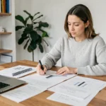 Femme concentrée qui étudie des documents explicatifs sur un bureau en bois dans un bureau à domicile moderne