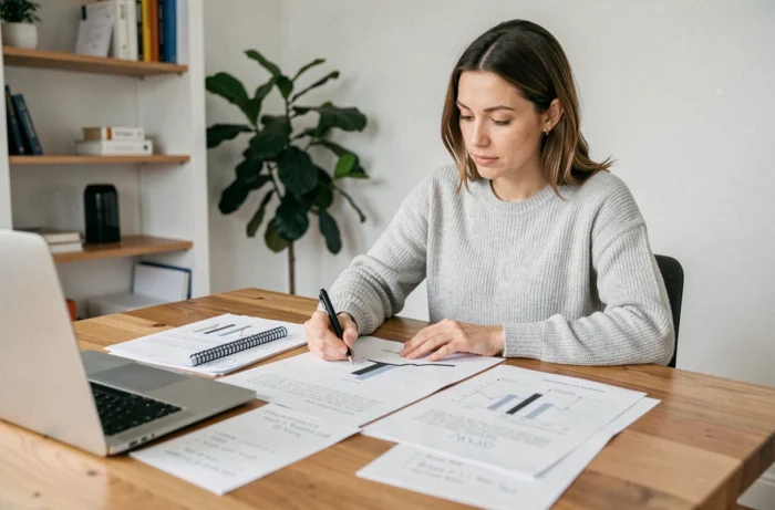 Femme concentrée qui étudie des documents explicatifs sur un bureau en bois dans un bureau à domicile moderne