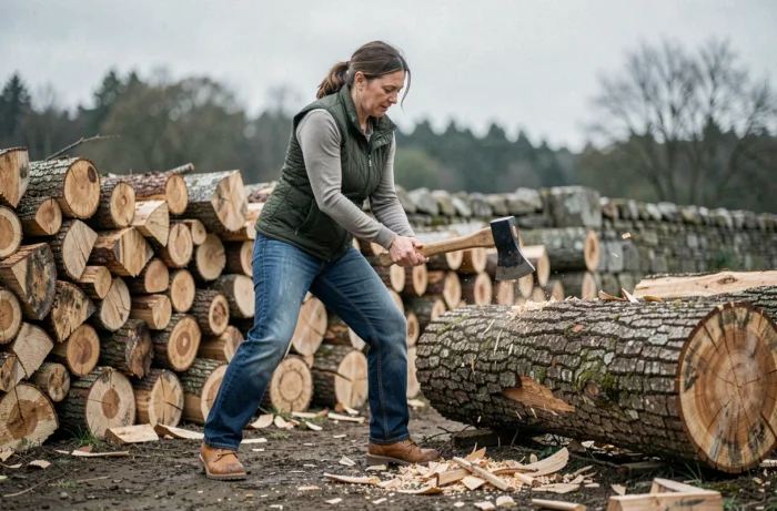 Femme fendant un tronc de chêne avec une hache maul dans un espace de stockage de bois à la campagne