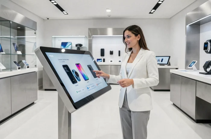 Femme explorant les dernières innovations technologiques dans un showroom high-tech minimaliste