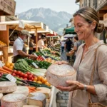 Femme découvrant des fromages de montagne sur le marché d'Argelès-Gazost dans les Pyrénées