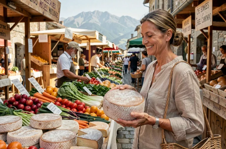 Femme découvrant des fromages de montagne sur le marché d'Argelès-Gazost dans les Pyrénées
