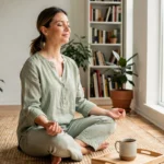 Femme pratiquant la méditation chez elle pour améliorer son bien-être au quotidien