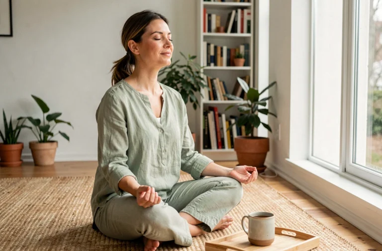 Femme pratiquant la méditation chez elle pour améliorer son bien-être au quotidien