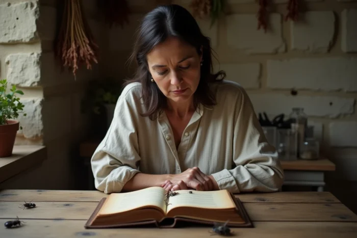 Femme méditant devant un journal ancien avec une mouche morte, illustrant la réflexion spirituelle sur la vie intérieure et la mortalité
