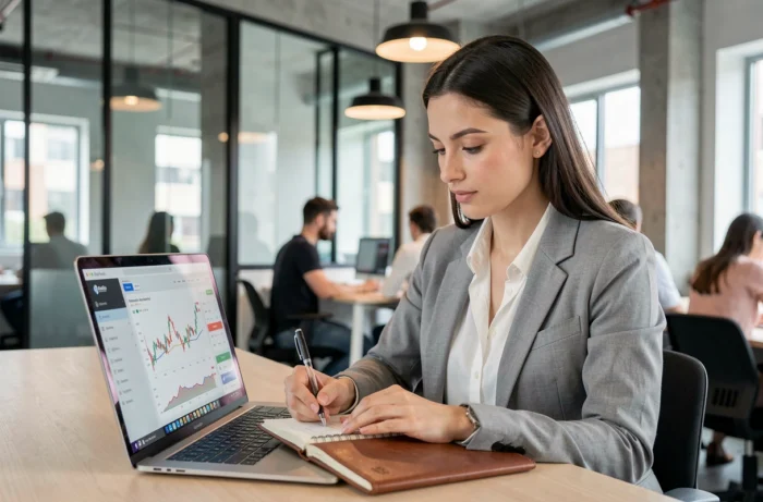 Femme prenant des notes sur une plateforme de trading dans un espace de coworking moderne