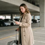 Femme tirant une valise dans le parking P5 de l'aéroport de Toulouse-Blagnac avec un ticket de stationnement à la main