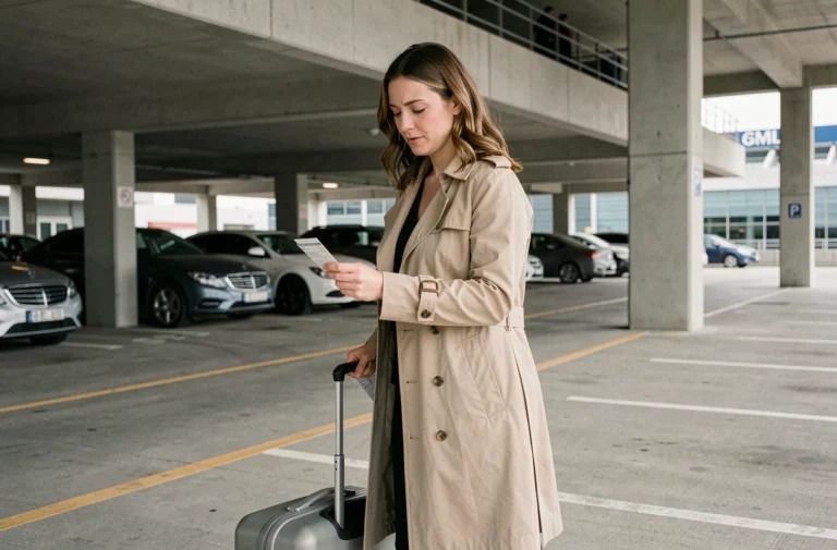 Femme tirant une valise dans le parking P5 de l'aéroport de Toulouse-Blagnac avec un ticket de stationnement à la main