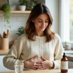 Femme tenant un flacon de Phytargile concentré à la maison, illustrant le soulagement digestif progressif