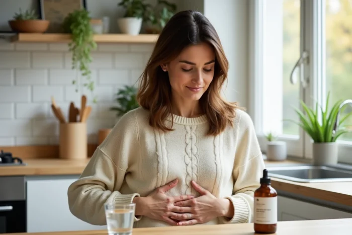 Femme tenant un flacon de Phytargile concentré à la maison, illustrant le soulagement digestif progressif