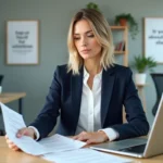 Femme professionnelle consultant des offres d'emploi en formation sur un ordinateur portable dans un bureau moderne
